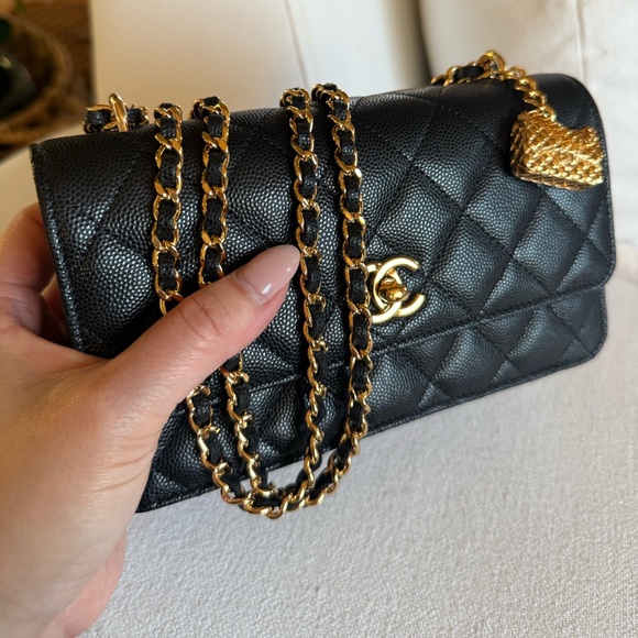 CHANEL 
Shiny Caviar Quilted Flap Charm Wallet On Chain WOC Black - Picture 11 of 16